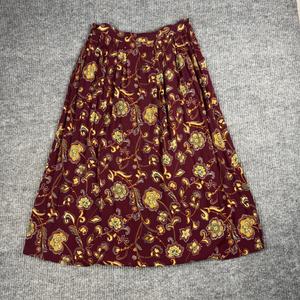 Vtg 90s Sag Harbor Pleated Skirt Womens M Burgundy Rayon Floral Paisley Boho